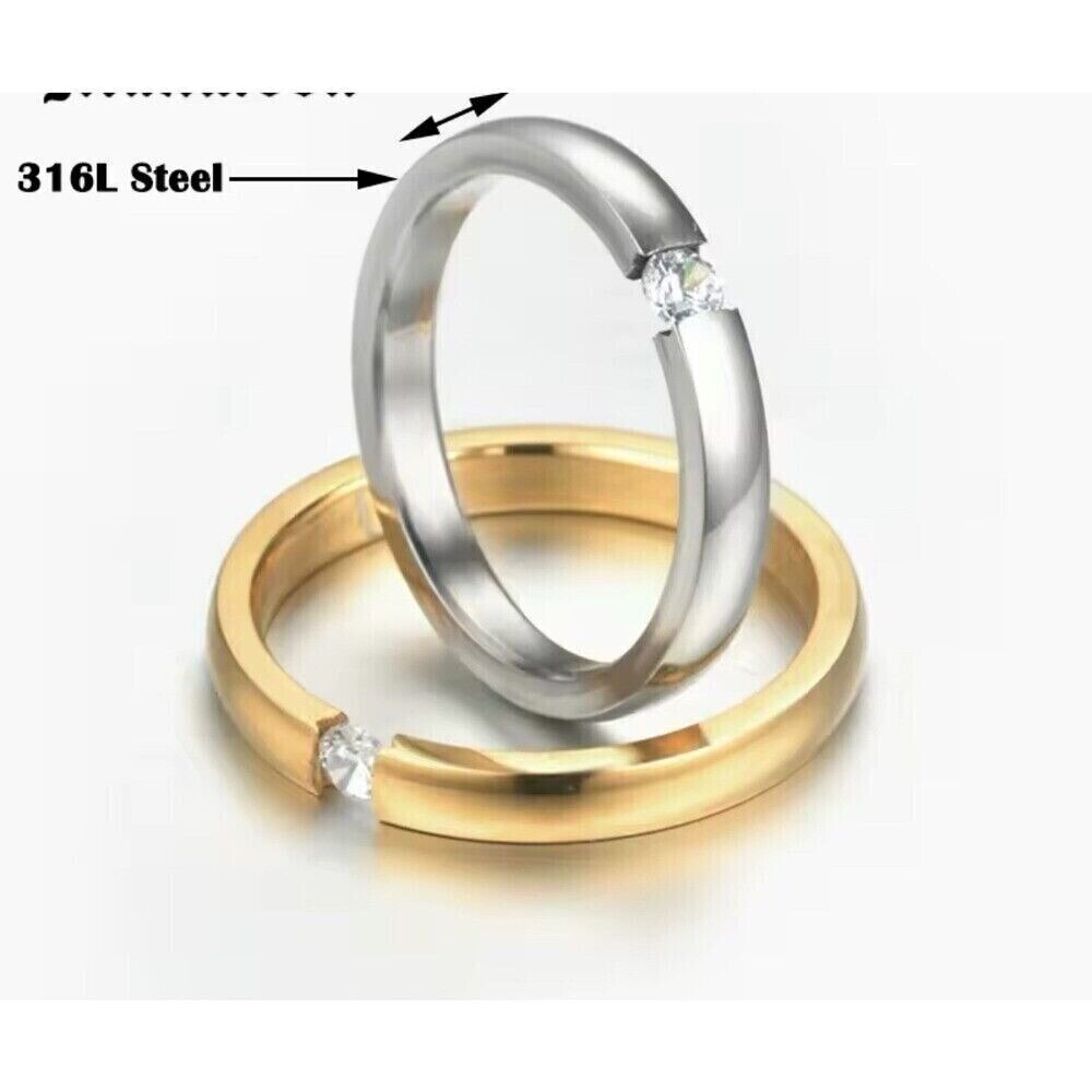 14k Silver Ring over steel CZ Stone 316L Steel Band Minimalist Stacking Ring‎ - Picture 2 of 10